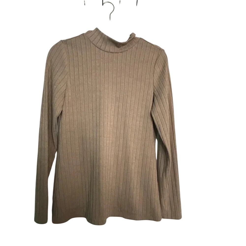 Doe & Rae Womens Mock Neck Ribbed Tan Sweater Back Button Detail Size Small